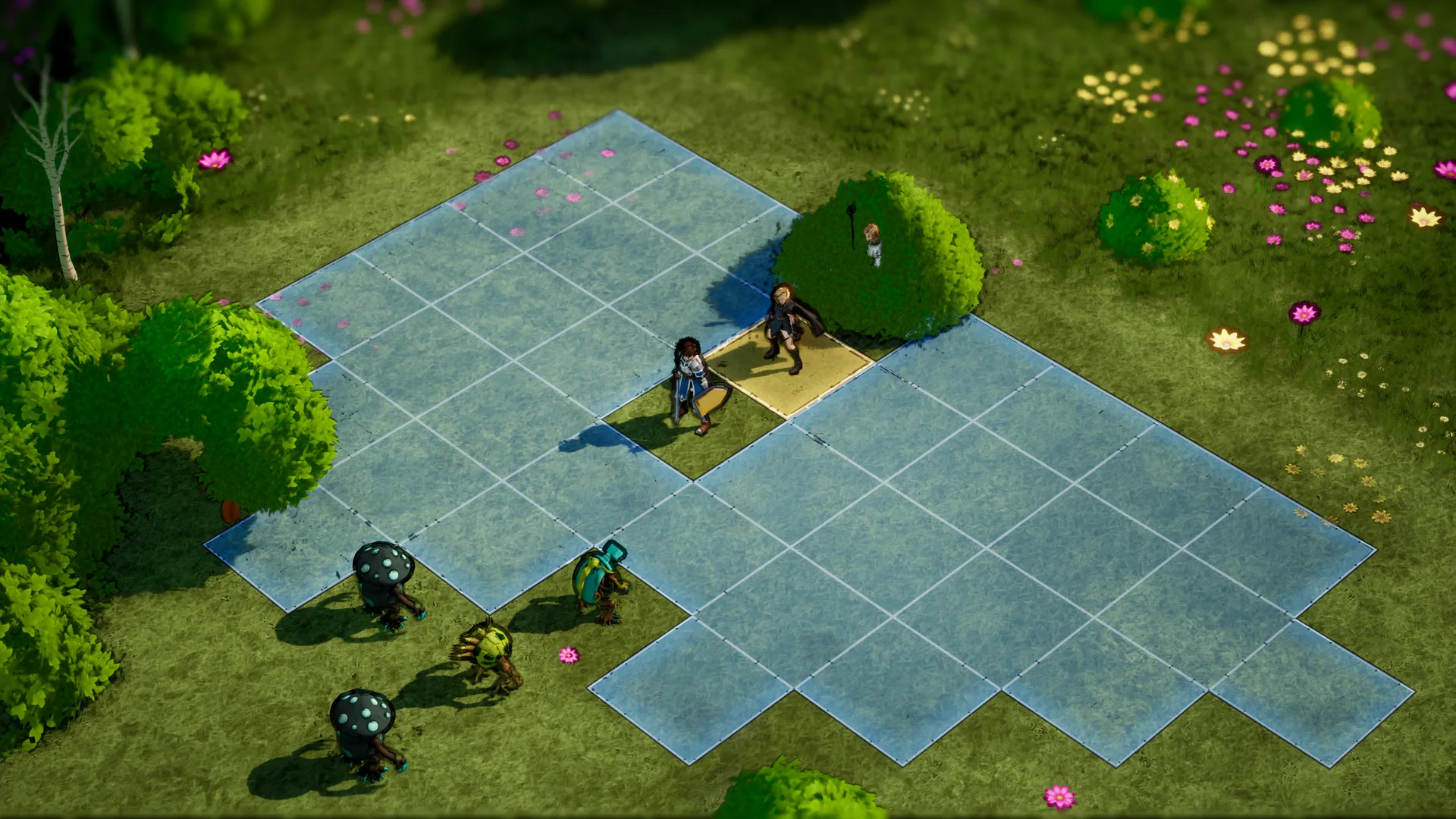 A fight on the Towpath: the grid laid over the grass where the crew met the enemy, the blue squares showing where a unit can move.